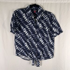 Vince Camuto Blouse Women's XS Blue Tie Dye Button Up Tie Short Sleeve Collared